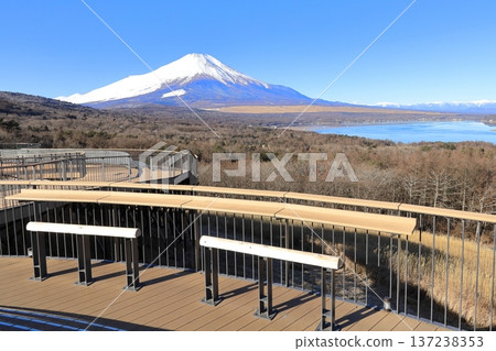 Snow-capped Mount Fuji as seen from Lake Yamanaka's Myojinyama Panorama Deck 137238353