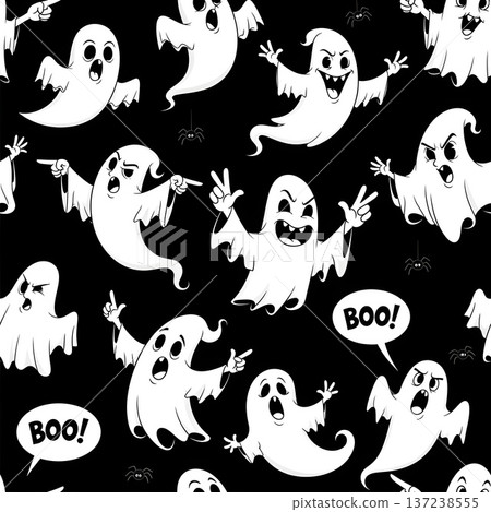 Spooky Halloween Ghosts And Spiders Seamless Pattern 137238555
