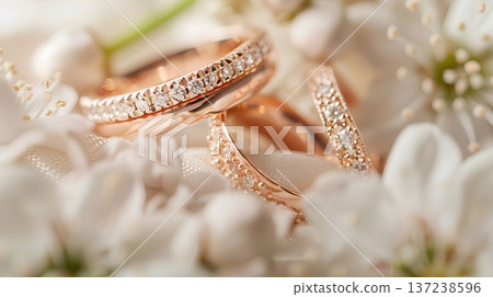pair of rose gold wedding rings with diamonds, resting on delicate white flowers and soft fabric, captured in close-up photography, exuding an elegant atmosphere 137238596