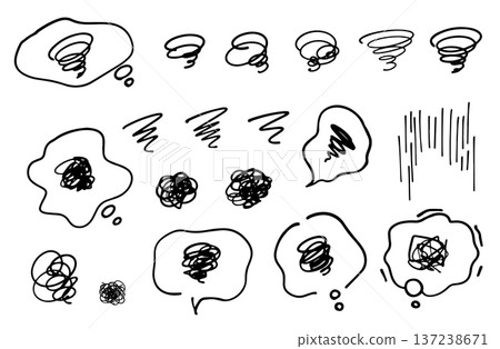 Marks and speech bubble icons representing confusion, worry, bewilderment, irritation, and depression. 137238671