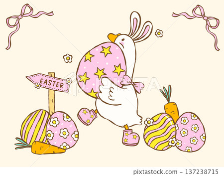 Coquette spring silly goose easter carrying egg cartoon hand drawn Coquette spring silly goose easter carrying egg cartoon hand drawn 137238715