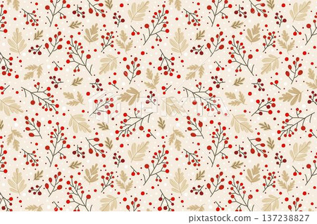 Seamless pattern with red berries, beige oak leaves and twigs, hand drawn vector, soft beige background. Perfect for Christmas, winter textiles, wrapping paper, greeting cards and decor Seamless pattern with red berries, beige oak leaves and twigs, hand drawn vector, soft beige background. Perfect for Christmas, winter textiles, wrapping paper, greeting cards and decor 137238827