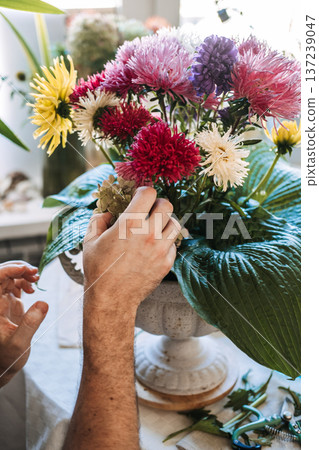 Hands of man arrange vibrant aster flowers and large hosta leaves in decorative vase. Biophilia hypothesis, mental restoration, nature-assisted therapy, male psychological resilience. 137239047