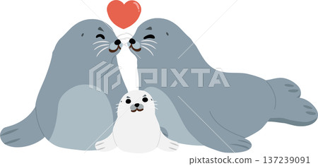 cute seal family cartoon marine mammal with heart arctic wildlife character illustration 137239091