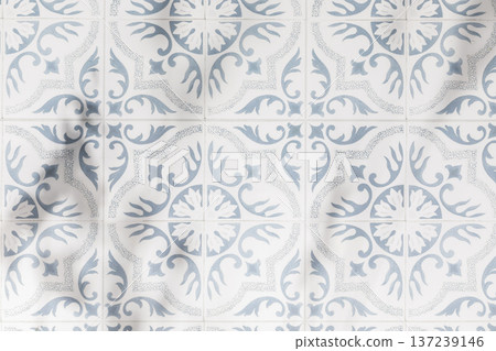 Vintage Blue And White Ornamental Tile Pattern With Geometric Floral Motifs 137239146