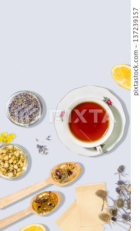 Herbal Tea Arrangement With Dried Flowers, Lemon Slice And Natural Ingredients Herbal Tea Arrangement With Dried Flowers, Lemon Slice And Natural Ingredients 137239157