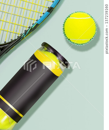 Tennis Racket And Closed Ball Can With Tennis Balls On Mint Background Tennis Racket And Closed Ball Can With Tennis Balls On Mint Background 137239160