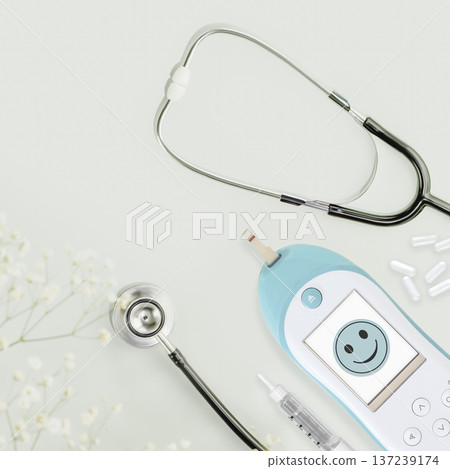 Diabetes Care Composition With Glucose Meter Smiling Screen And Stethoscope 137239174