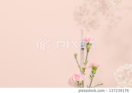 Medical Syringe With Pink Carnations On Soft Pastel Background with Copy Space 137239176