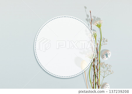 Round Blank Frame With Spring Willow Branches And Easter Eggs On Soft Background Round Blank Frame With Spring Willow Branches And Easter Eggs On Soft Background 137239208