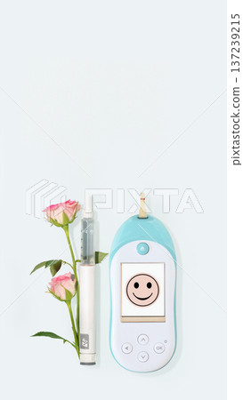 Glucose Meter With Smiley Face Screen, Injection Pen And Flowers Glucose Meter With Smiley Face Screen, Injection Pen And Flowers 137239215