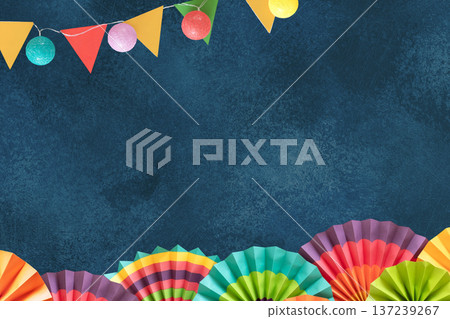 Cinco de Mayo background with colorful paper fans and festive bunting flags 137239267