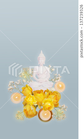 Vertical composition with white Buddha statue, yellow roses, and candles Vertical composition with white Buddha statue, yellow roses, and candles 137239326