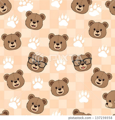 Adorable Cartoon Teddy Bears with Glasses and Paw Prints Pattern 137239358