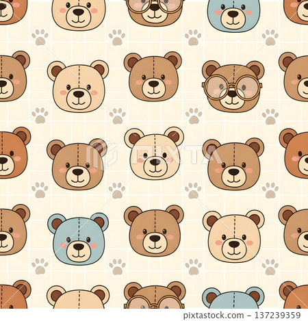 Cute Teddy Bear Faces Seamless Pattern Adorable Background 137239359