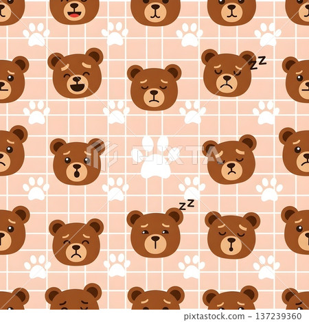 Adorable Bear Faces Paw Prints Grid Background Pattern 137239360