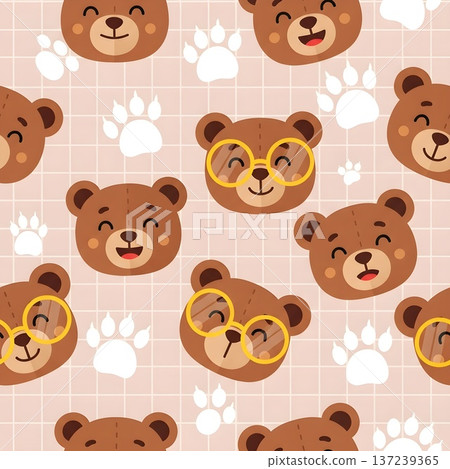 Cute Cartoon Bear Faces and Paw Prints Seamless Pattern 137239365