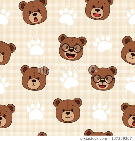 Cute Playful Teddy Bear Faces and Paw Prints Seamless Pattern 137239367