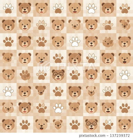 Sweet Cartoon Bear Faces and Paw Prints Repeating Background 137239372