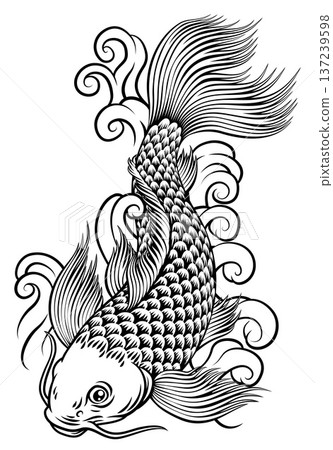 Koi Carp Fish Vintage Japanese Woodcut Style Art 137239598