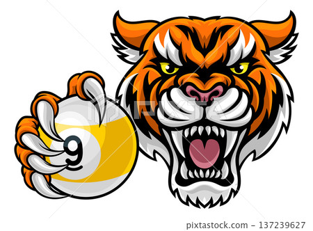 Tiger and 9 Ball Nine Ball Pool Cartoon Mascot Tiger and 9 Ball Nine Ball Pool Cartoon Mascot 137239627