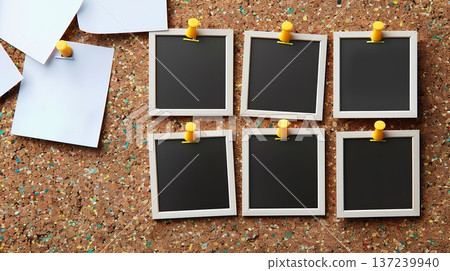 set of four blank photo frames, each with a white background and black border, is neatly displayed in the top left corner of an old-fashioned brown wooden corkboard covered in other white sticky notes 137239940
