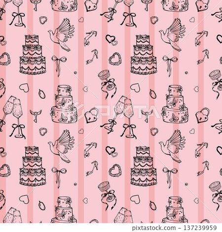 Whimsy Wedding and Romantic pattern with coquet cake, champagne and hearts Whimsy Wedding and Romantic pattern with coquet cake, champagne and hearts 137239959