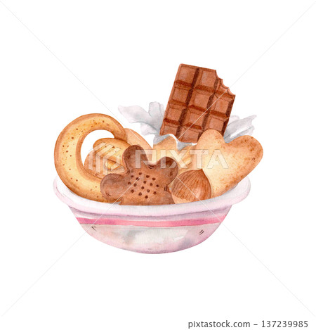 Watercolor vintage dessert vase with cookies, chocolate and nuts isolated on white. Cozy food illustration for bakery branding. 137239985
