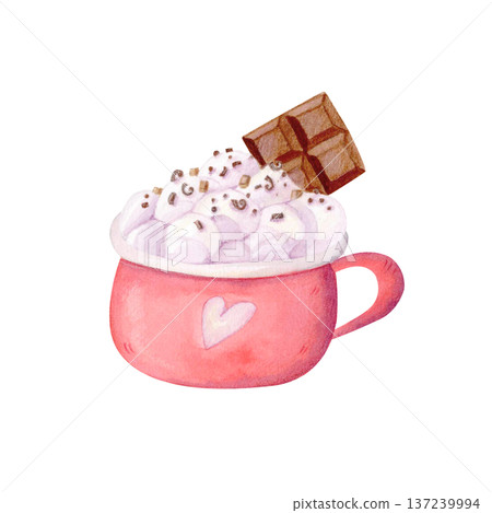 Watercolor cozy pink mug with cocoa, marshmallows and chocolate isolated on white. Winter warm drink clipart in cute sketch style Watercolor cozy pink mug with cocoa, marshmallows and chocolate isolated on white. Winter warm drink clipart in cute sketch style 137239994