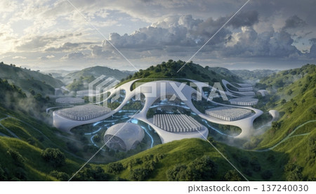 Modern architecture sits on green hills under a cloudy sky in a futuristic landscape 137240030