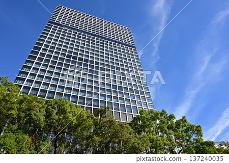 Nagoya Sakae skyscraper (Chunichi Building) and flowing clouds seen through the rows of trees 2 Nagoya Sakae skyscraper (Chunichi Building) and flowing clouds seen through the rows of trees 2 137240035