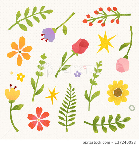 Hand drawn textured floral and leaf illustration set in paper cut style 137240058