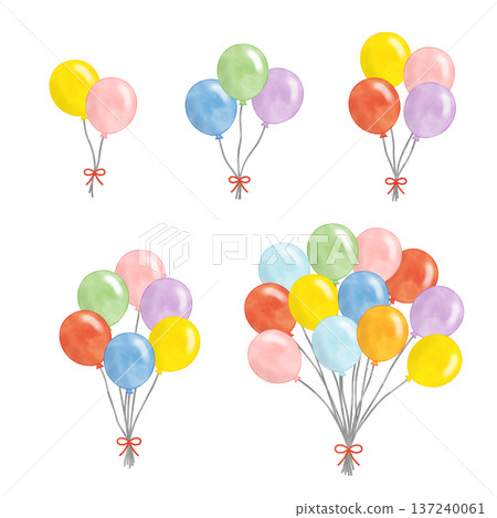 彩色氣球花束套裝，搭配緞帶向量圖 137240061