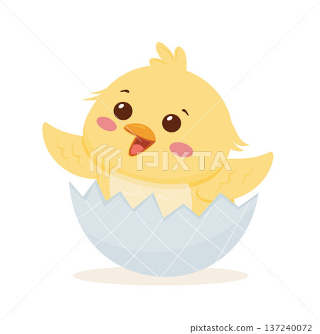 Adorable chick hatching from egg with cheerful expression and small wings 137240072