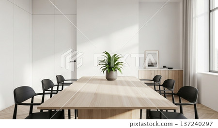 A modern office space with a bright conference room and large windows overlooking the skyscrapers 137240297