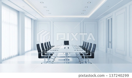 A modern office space with a bright conference room and large windows overlooking the skyscrapers 137240299