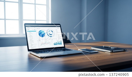 Interior view of a portable calculator and business document display screen on a wooden desk Interior view of a portable calculator and business document display screen on a wooden desk 137240905