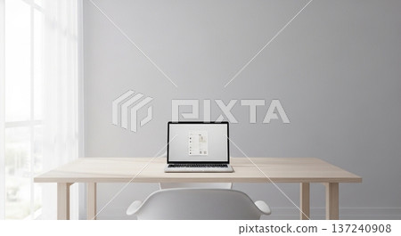 Interior view of a portable calculator and business document display screen on a wooden desk 137240908