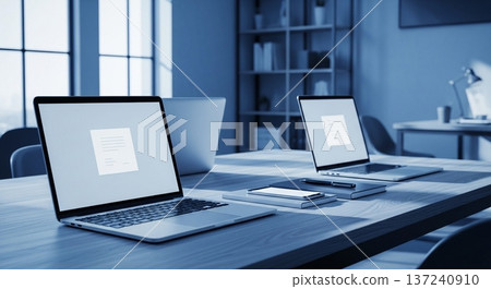Interior view of a portable calculator and business document display screen on a wooden desk 137240910