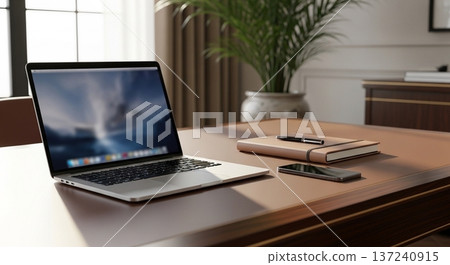 Interior view of a portable calculator and business document display screen on a wooden desk 137240915