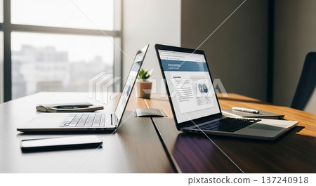 Interior view of a portable calculator and business document display screen on a wooden desk 137240918