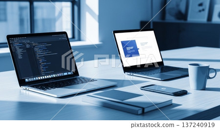 Interior view of a portable calculator and business document display screen on a wooden desk 137240919