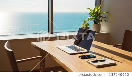 Interior view of a portable calculator and business document display screen on a wooden desk 137240920