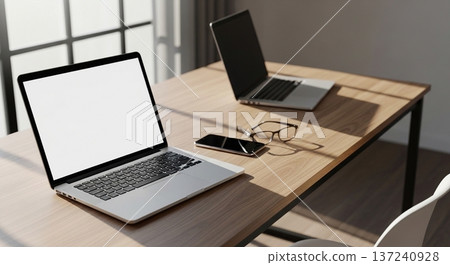Interior view of a portable calculator and business document display screen on a wooden desk 137240928