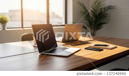 Interior view of a portable calculator and business document display screen on a wooden desk 137240940