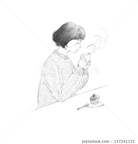 單色插圖,描繪了一位女士在咖啡館喝茶的場景。 單色插圖,描繪了一位女士在咖啡館喝茶的場景。 137241155