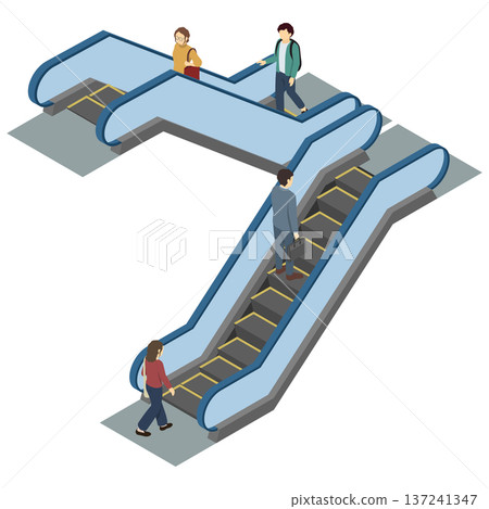 Isometric illustration: People using escalators 2 Isometric illustration: People using escalators 2 137241347