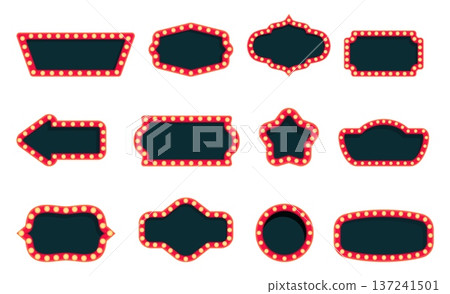 Retro bulb shine frames. Vintage lamps billboards, bulbs signs. Empty banners for cinema, theater, show programm, circus, entertainments, sapid vector clipart 137241501