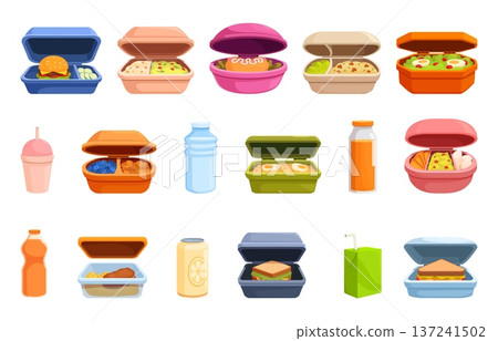 School lunch boxes. Plastic boxes with different meals, salads, meat, sandwiches. College, office snack packaging, drinks, water, juice, sapid vector clipart School lunch boxes. Plastic boxes with different meals, salads, meat, sandwiches. College, office snack packaging, drinks, water, juice, sapid vector clipart 137241502