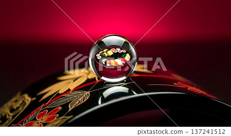 Japanese lacquer art. illusion of a drop of mirin suspended on a curved black lacquer surface, reflecting a distorted, dreamlike image of a sushi platter  137241512